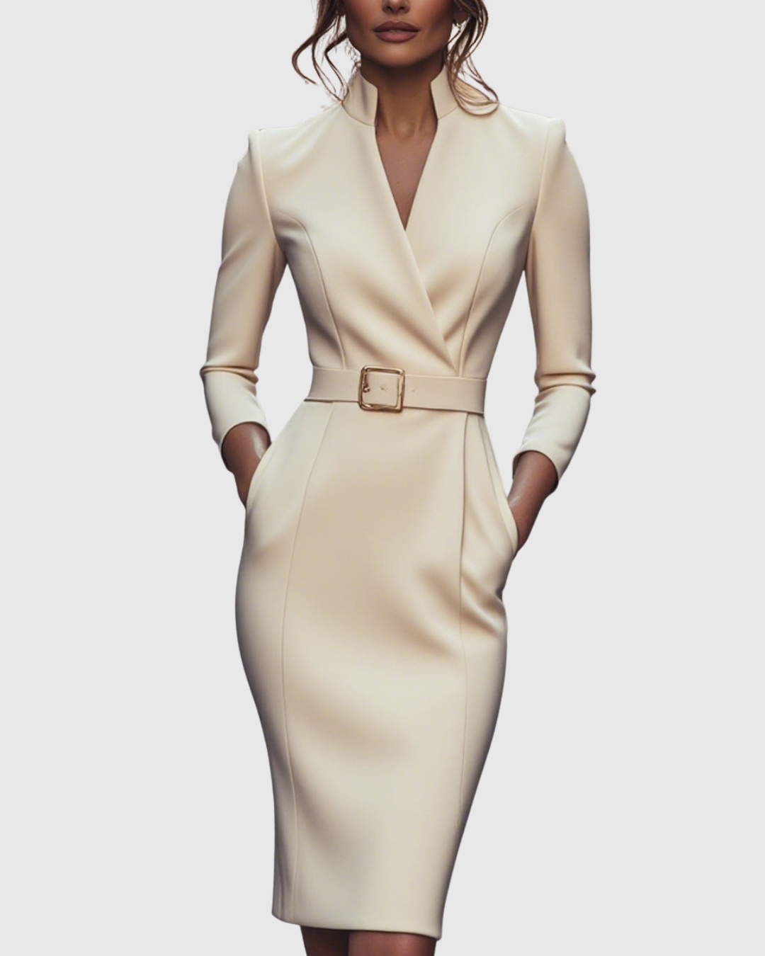 Pencil Midi Dress Women Belted Mock Wrap Pockets