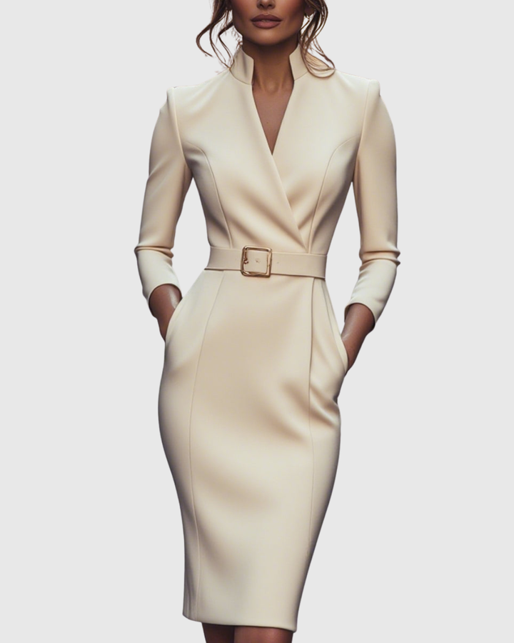 Pencil Midi Dress Women Belted Mock Wrap Pockets