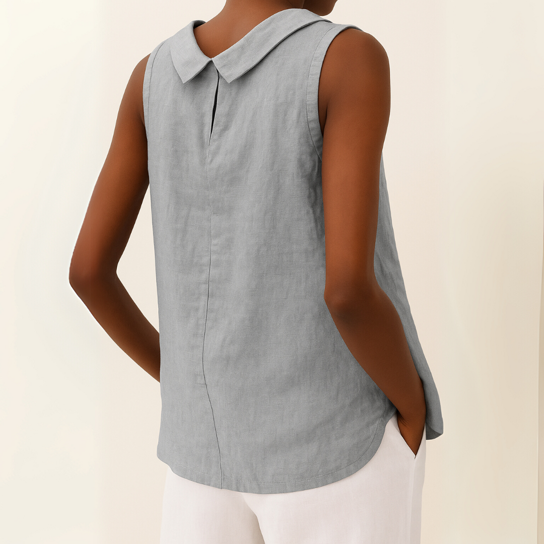 Sleeveless Cotton Shirt Women Solid Collar Basic Top Summer Blue