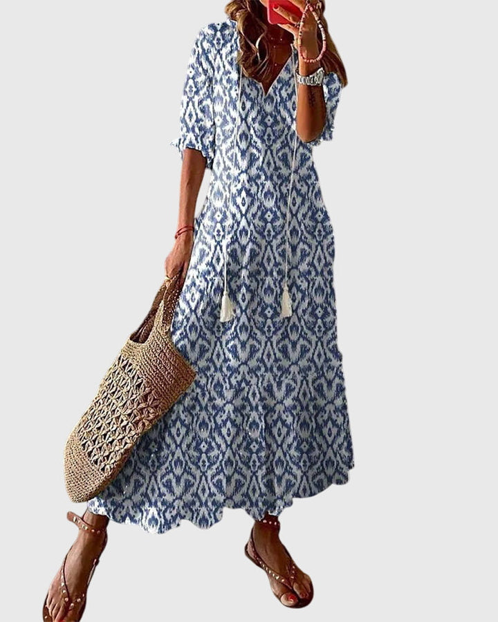 Boho Vintage Dress Women V-Neck Floral Breezy Summer