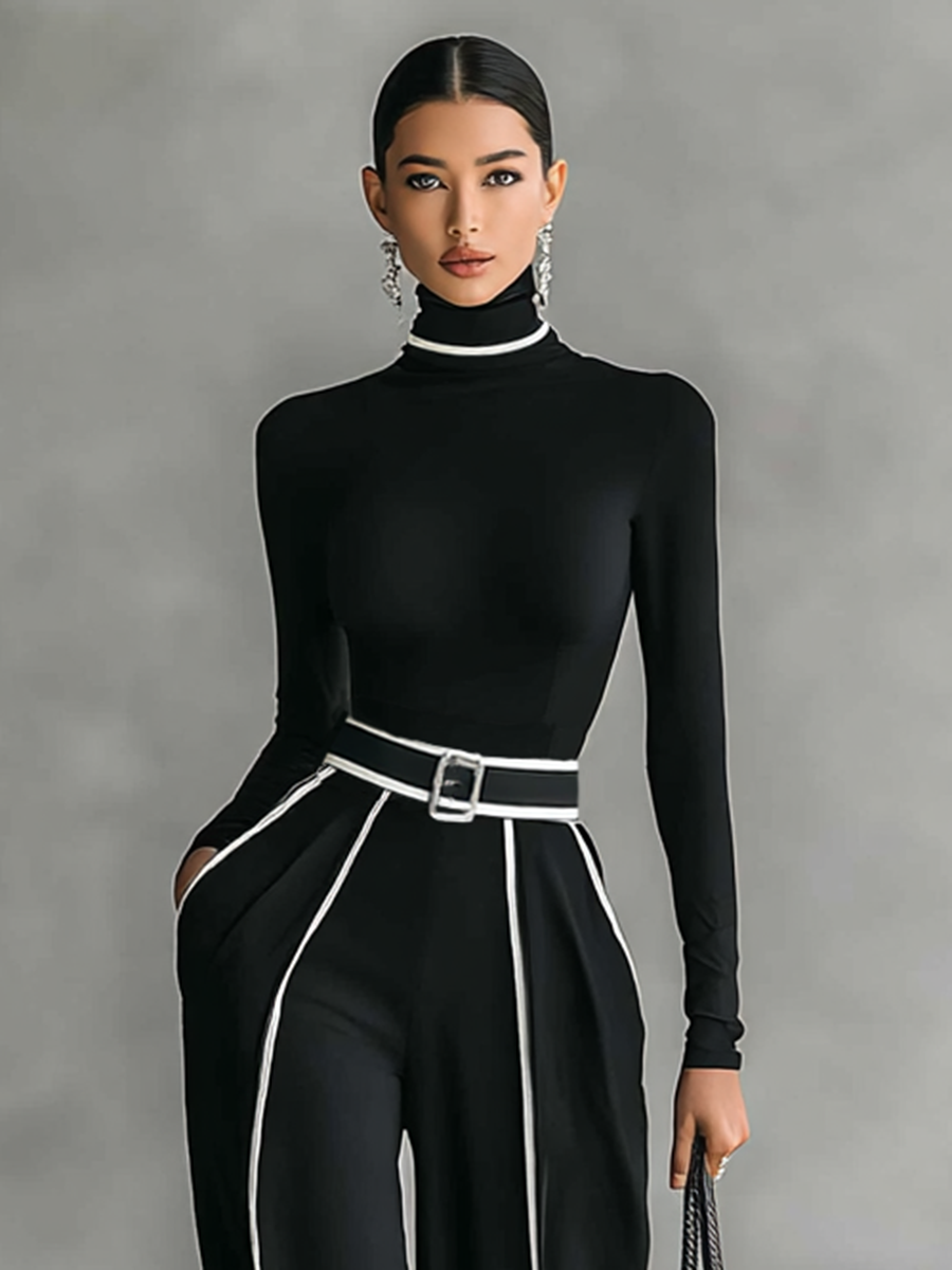 Two-Piece Set Women Turtleneck White Trim Belted Wide Leg