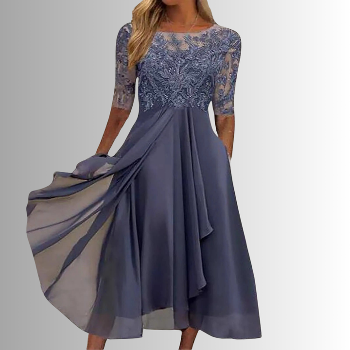 A-Line Lace Chiffon Hi-Low Dress Women Bateau Half Sleeve