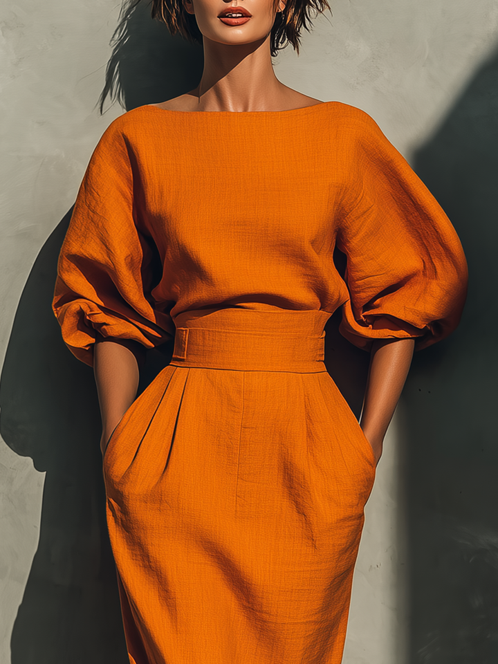 Two-Piece Set Women Puff Sleeve Midi Skirt Orange