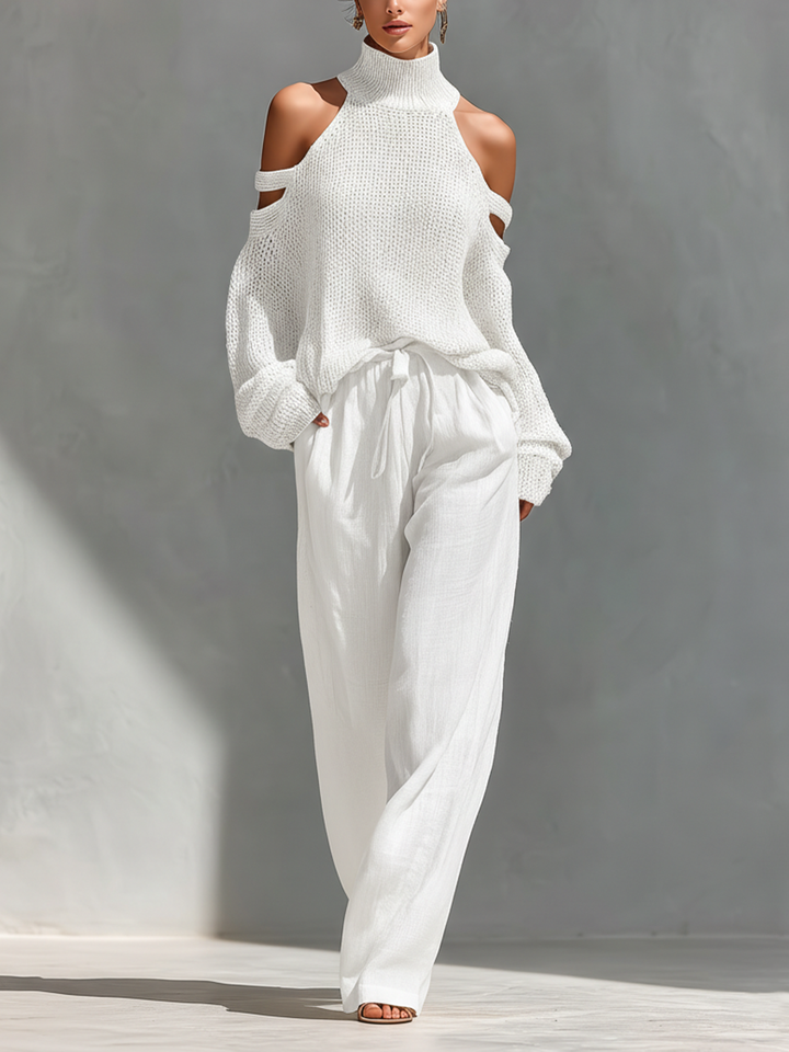 Knit Two-Piece Set Women Cold Shoulder Turtleneck Beige