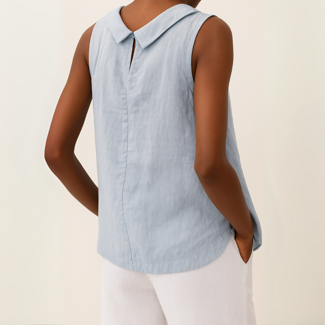 Sleeveless Cotton Shirt Women Solid Collar Basic Top Summer Blue