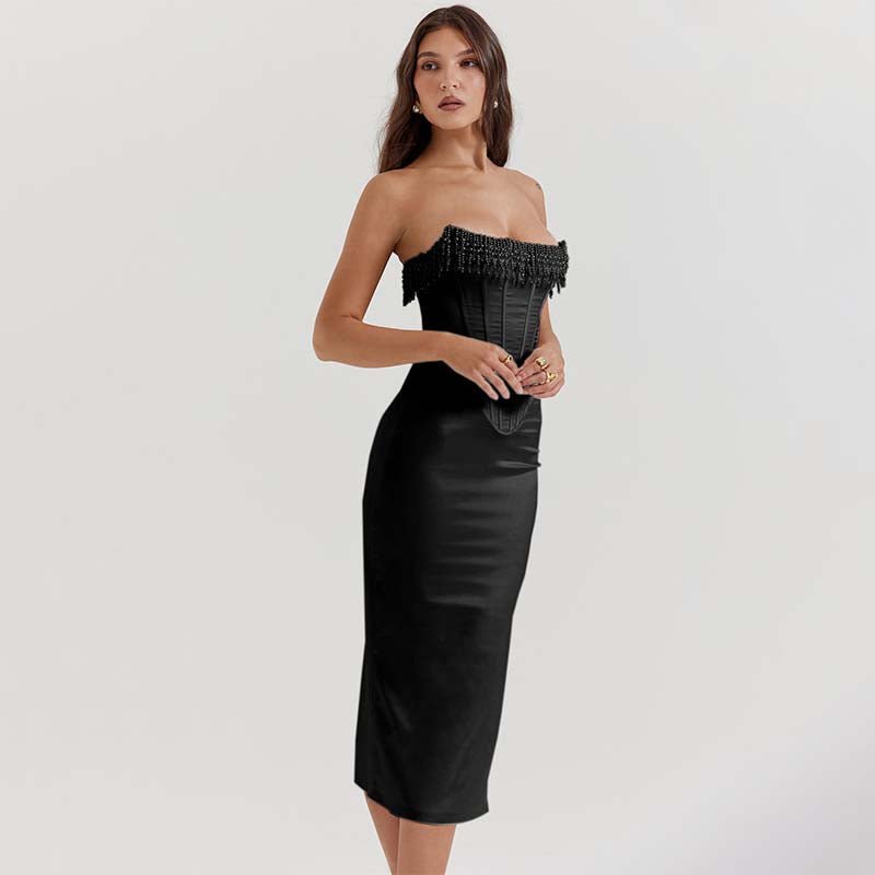 Strapless Pearl Beaded Satin Dress Lace-Up