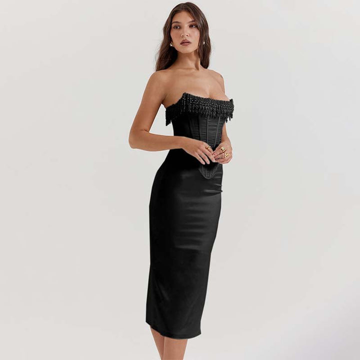Strapless Pearl Beaded Satin Dress Lace-Up