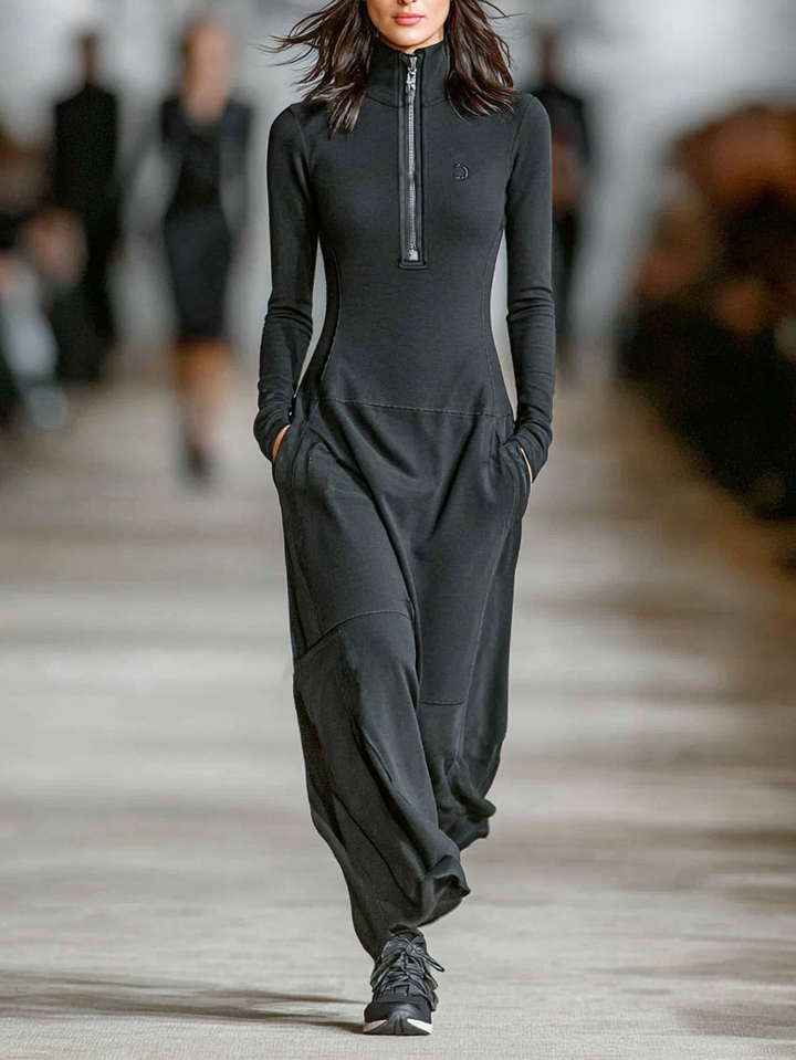 Sporty Maxi Dress Women Zipper Collar Loose Cotton