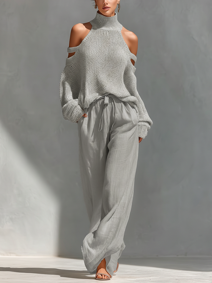 Knit Two-Piece Set Women Cold Shoulder Turtleneck Beige