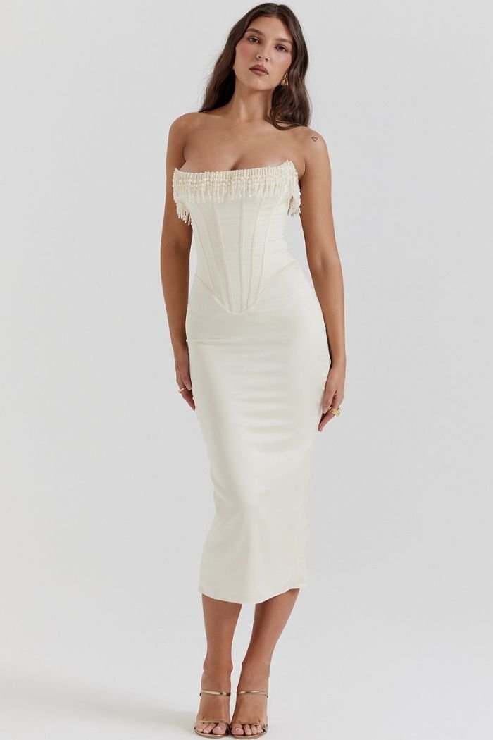 Strapless Pearl Beaded Satin Dress Lace-Up