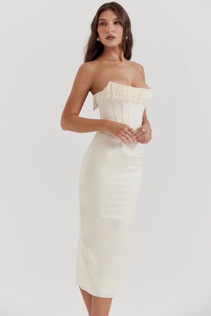 Strapless Pearl Beaded Satin Dress Lace-Up