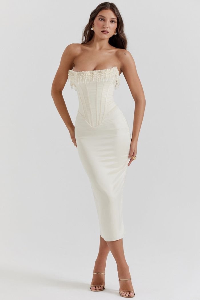 Strapless Pearl Beaded Satin Dress Lace-Up