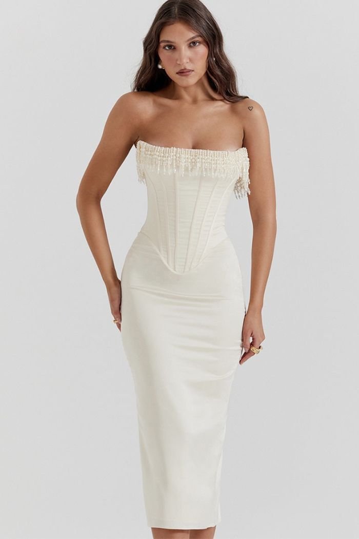 Strapless Pearl Beaded Satin Dress Lace-Up