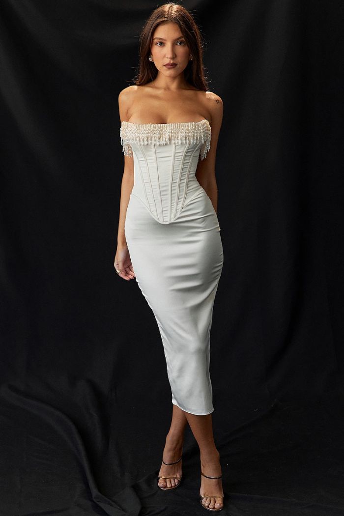Strapless Pearl Beaded Satin Dress Lace-Up