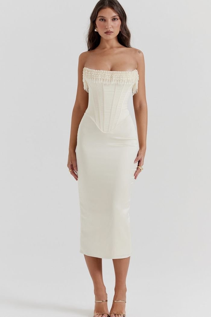 Strapless Pearl Beaded Satin Dress Lace-Up