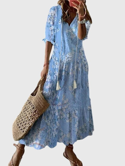 Boho Vintage Dress Women V-Neck Floral Breezy Summer