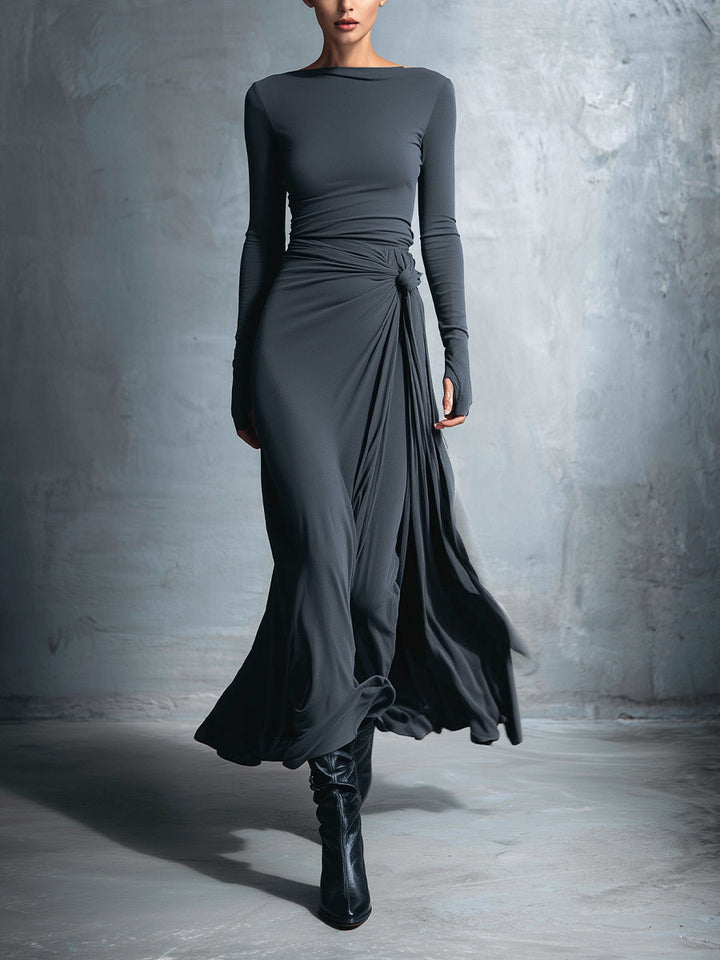 Wrap Maxi Dress Women V-Neck Knot Detail Sleeveless Grey