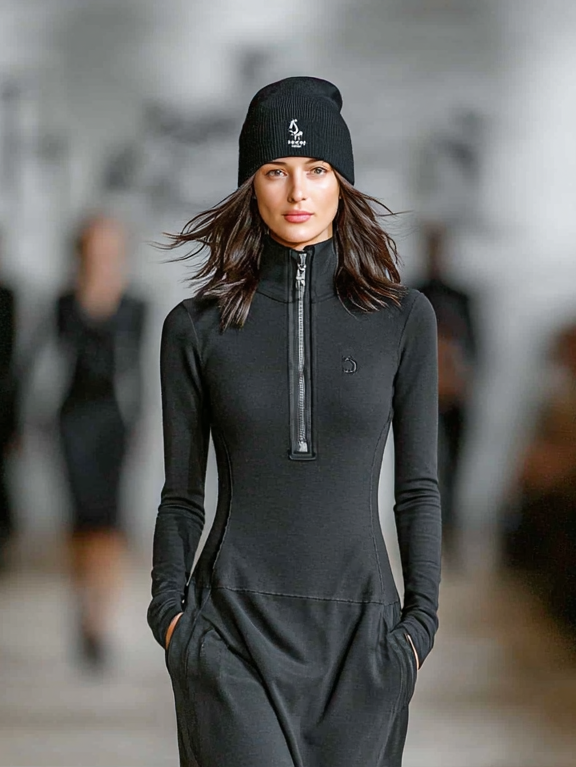 Sporty Maxi Dress Women Zipper Collar Loose Cotton