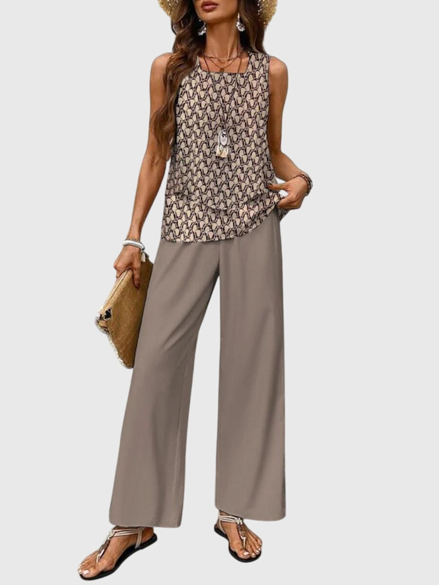 2-Piece Summer Set Women Square Neck Plant Print Loose