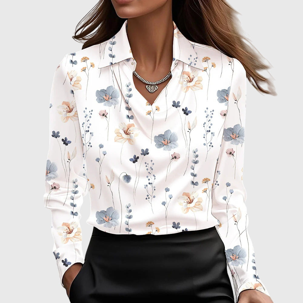 Satin Blouse Women Pleated Neck Flowing Elegant Chic