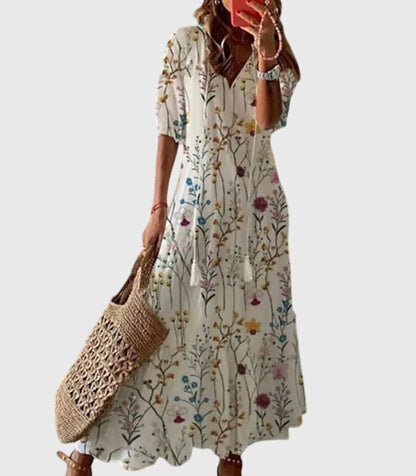 Boho Vintage Dress Women V-Neck Floral Breezy Summer