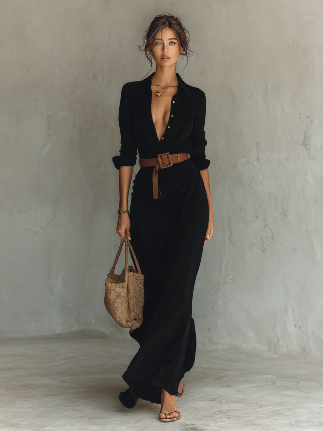Maxi Dress Women Lapel Belted Long Sleeve Cotton Elegant
