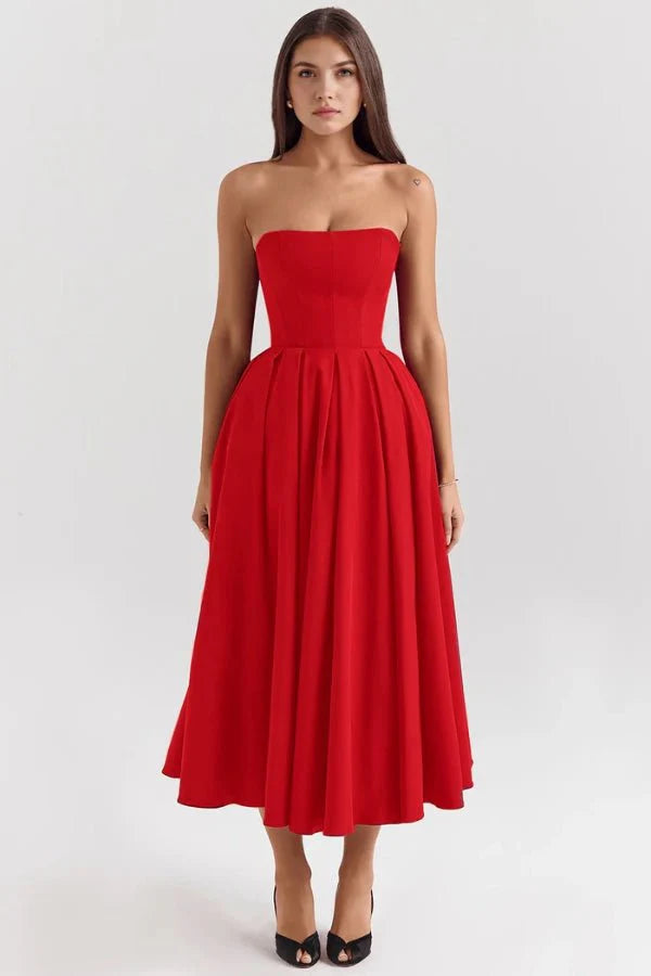 Strapless Corset Midi Dress Pleated Skirt