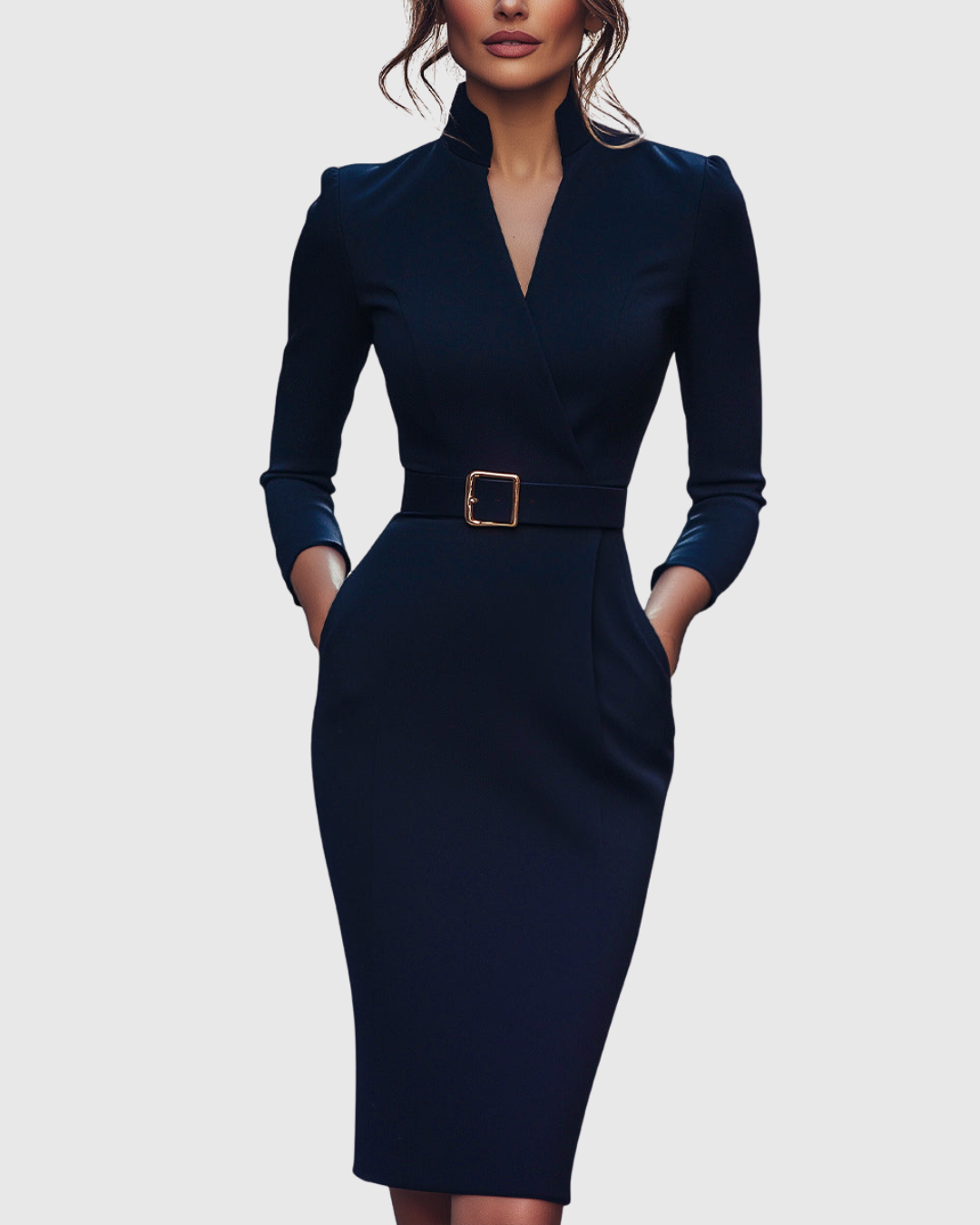 Pencil Midi Dress Women Belted Mock Wrap Pockets