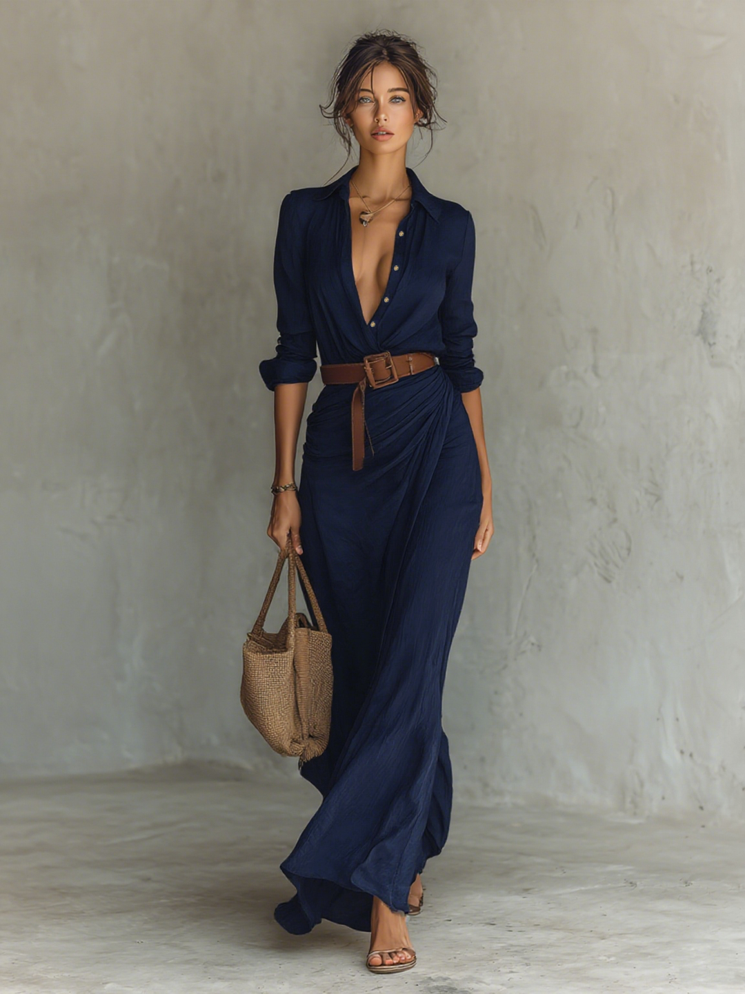 Maxi Dress Women Lapel Belted Long Sleeve Cotton Elegant