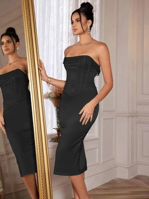 Strapless Pearl Beaded Satin Dress Lace-Up