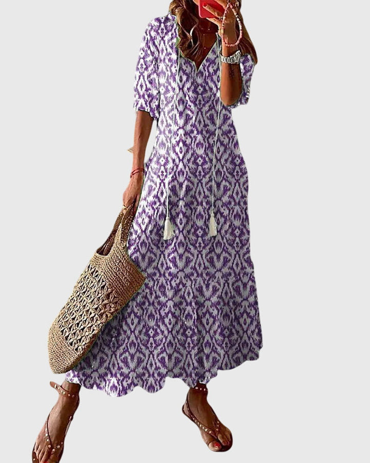 Boho Vintage Dress Women V-Neck Floral Breezy Summer
