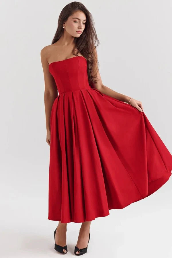 Strapless Corset Midi Dress Pleated Skirt