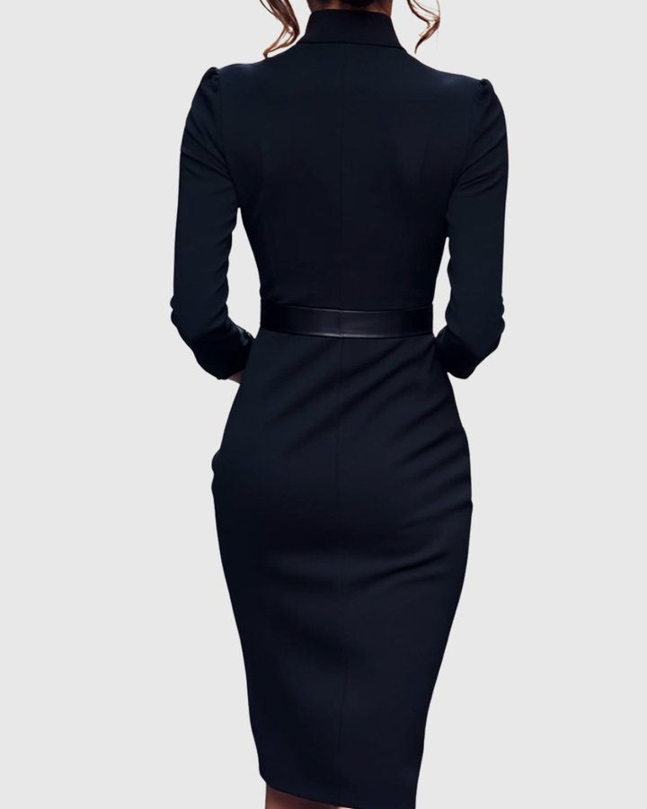 Pencil Midi Dress Women Belted Mock Wrap Pockets