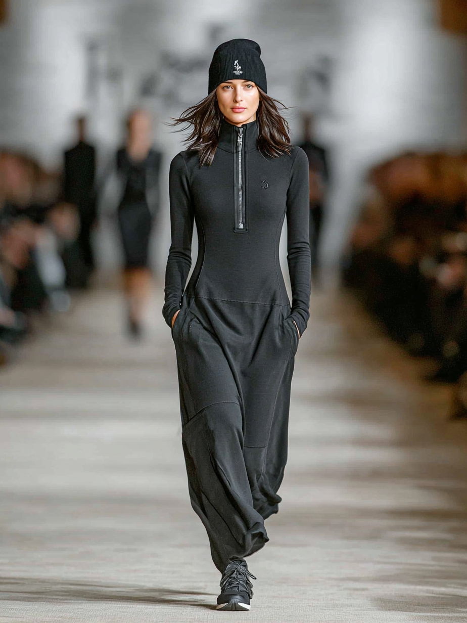 Sporty Maxi Dress Women Zipper Collar Loose Cotton
