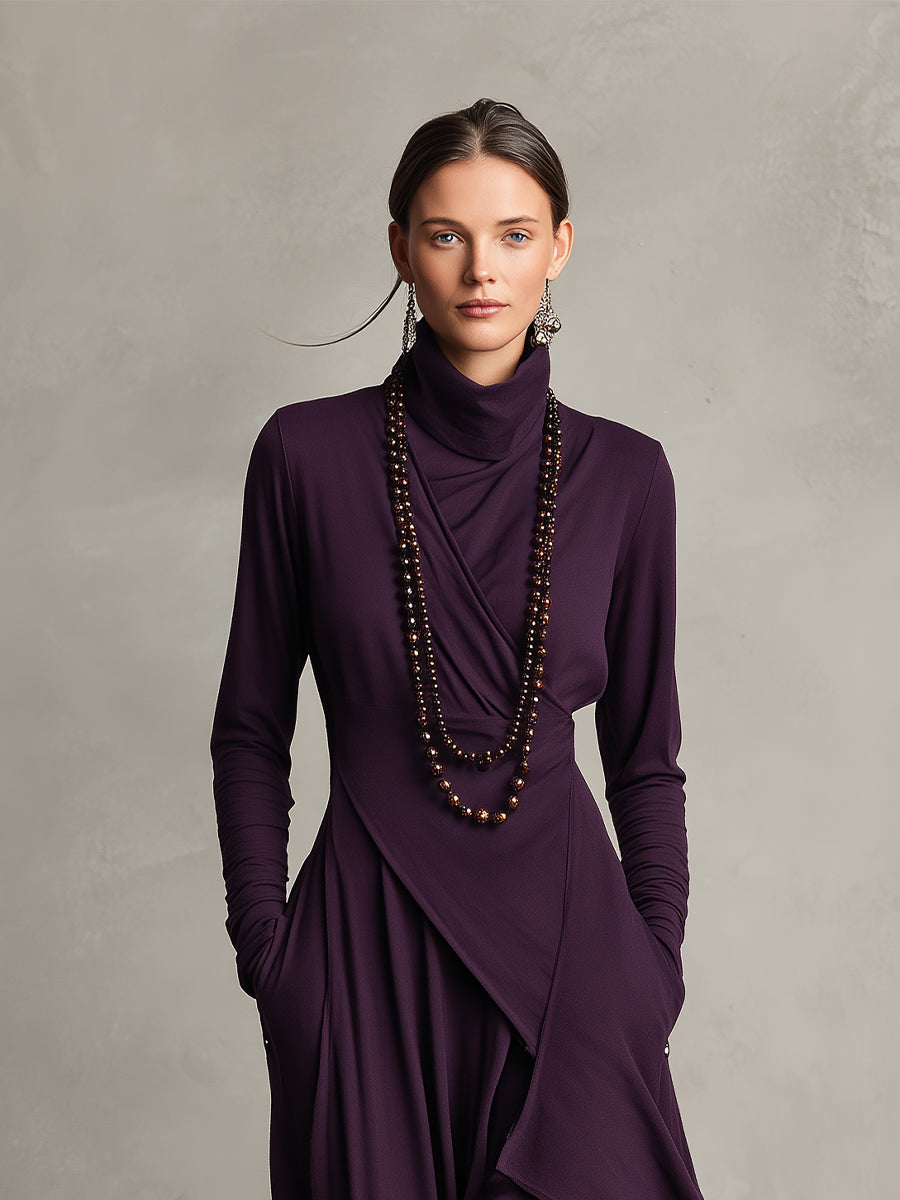 Boho Maxi Dress Women Turtleneck Asymmetric Draped Maxi Dress
