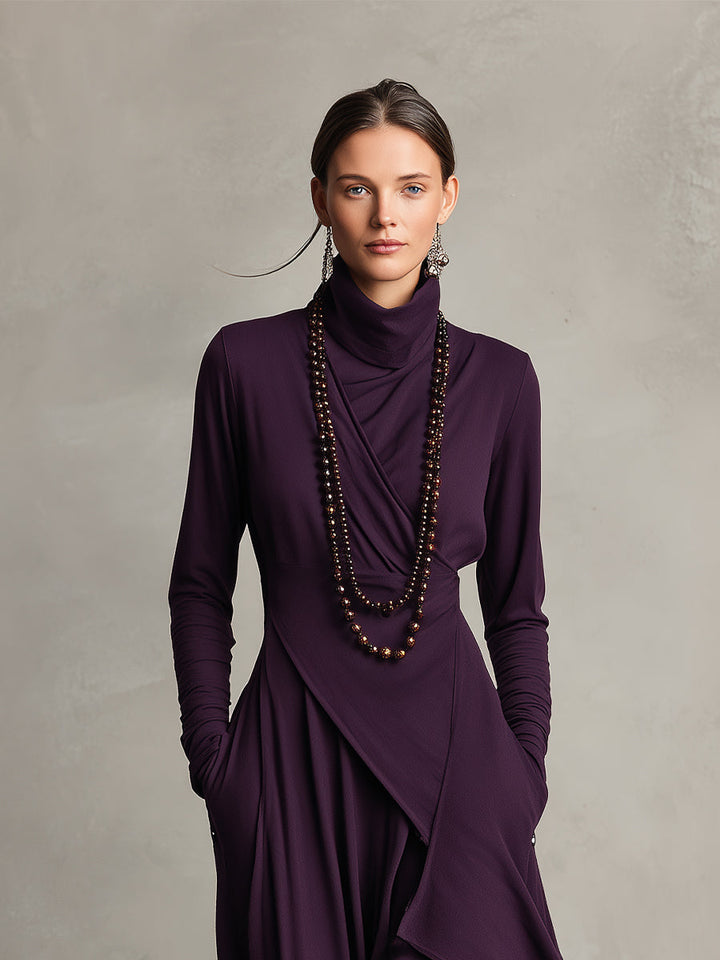 Boho Maxi Dress Women Turtleneck Asymmetric Draped Maxi Dress