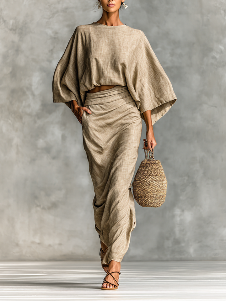 Linen Two-Piece Set Women Batwing Sleeve Maxi Skirt