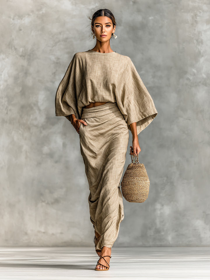 Linen Two-Piece Set Women Batwing Sleeve Maxi Skirt