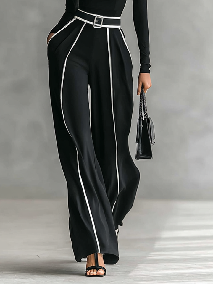 Two-Piece Set Women Turtleneck White Trim Belted Wide Leg