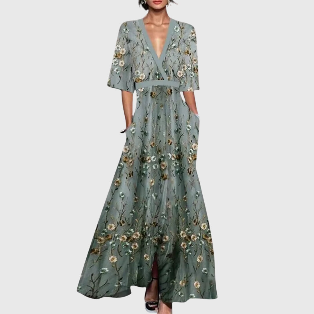 Floral Spring Dress Women Belted Flared Skirt Airy Elegant