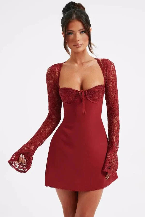 Lace Bodycon Mini Dress Flared Sleeve Women