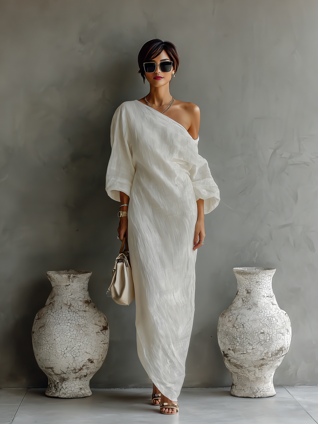 One Shoulder Maxi Dress Women Linen Ivory Elegant