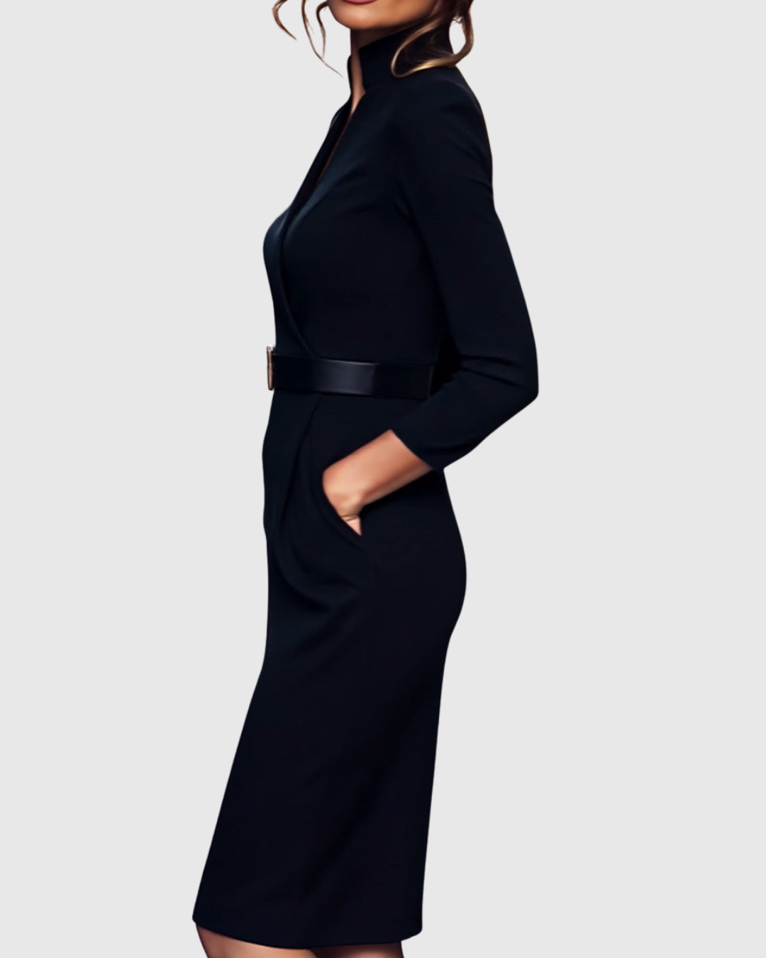 Pencil Midi Dress Women Belted Mock Wrap Pockets