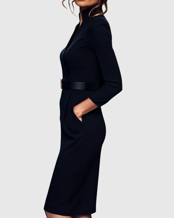 Pencil Midi Dress Women Belted Mock Wrap Pockets