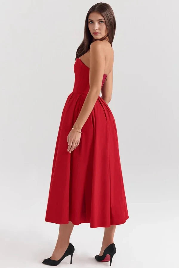 Strapless Corset Midi Dress Pleated Skirt