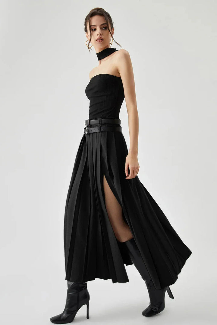 Pleated Split Maxi Skirt Women Elegant