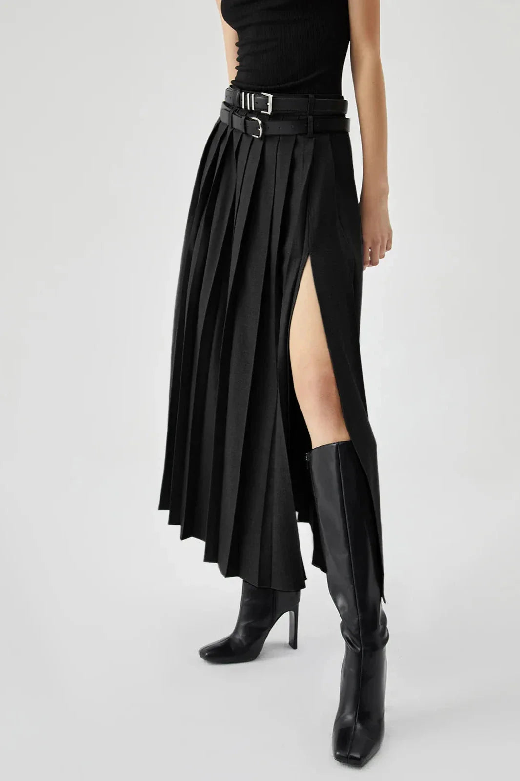 Pleated Split Maxi Skirt Women Elegant