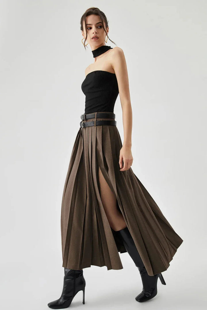 Pleated Split Maxi Skirt Women Elegant