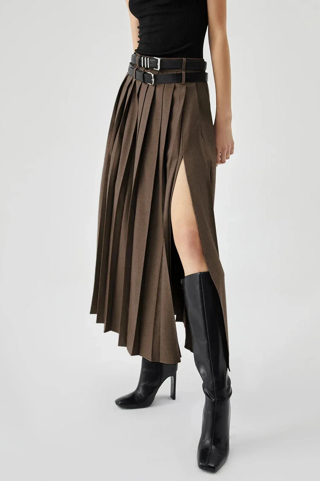 Pleated Split Maxi Skirt Women Elegant