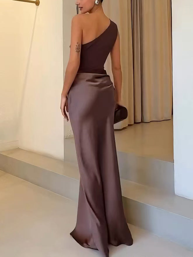 Satin Maxi Dress Women One Shoulder Patchwork Evening Party Brown